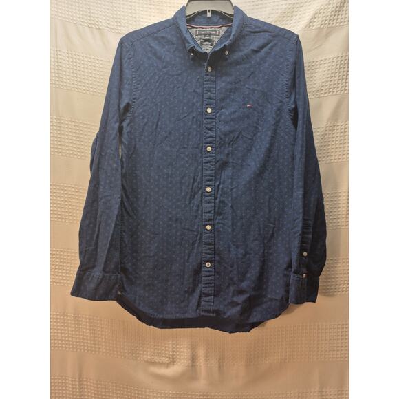 Tommy Hilfiger Button Up Shirt Men SZ Large Blue Long Sleeve Collared Slim 7409 - Picture 1 of 7